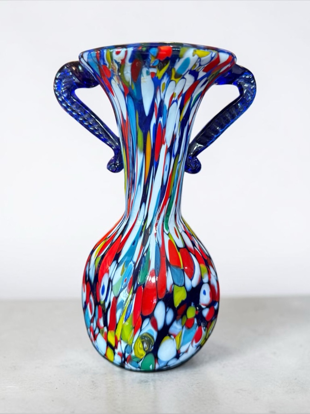 Authentic GlassOfVenice Murano Glass Millefiori Vase Cobalt Handles 7.25" Italy